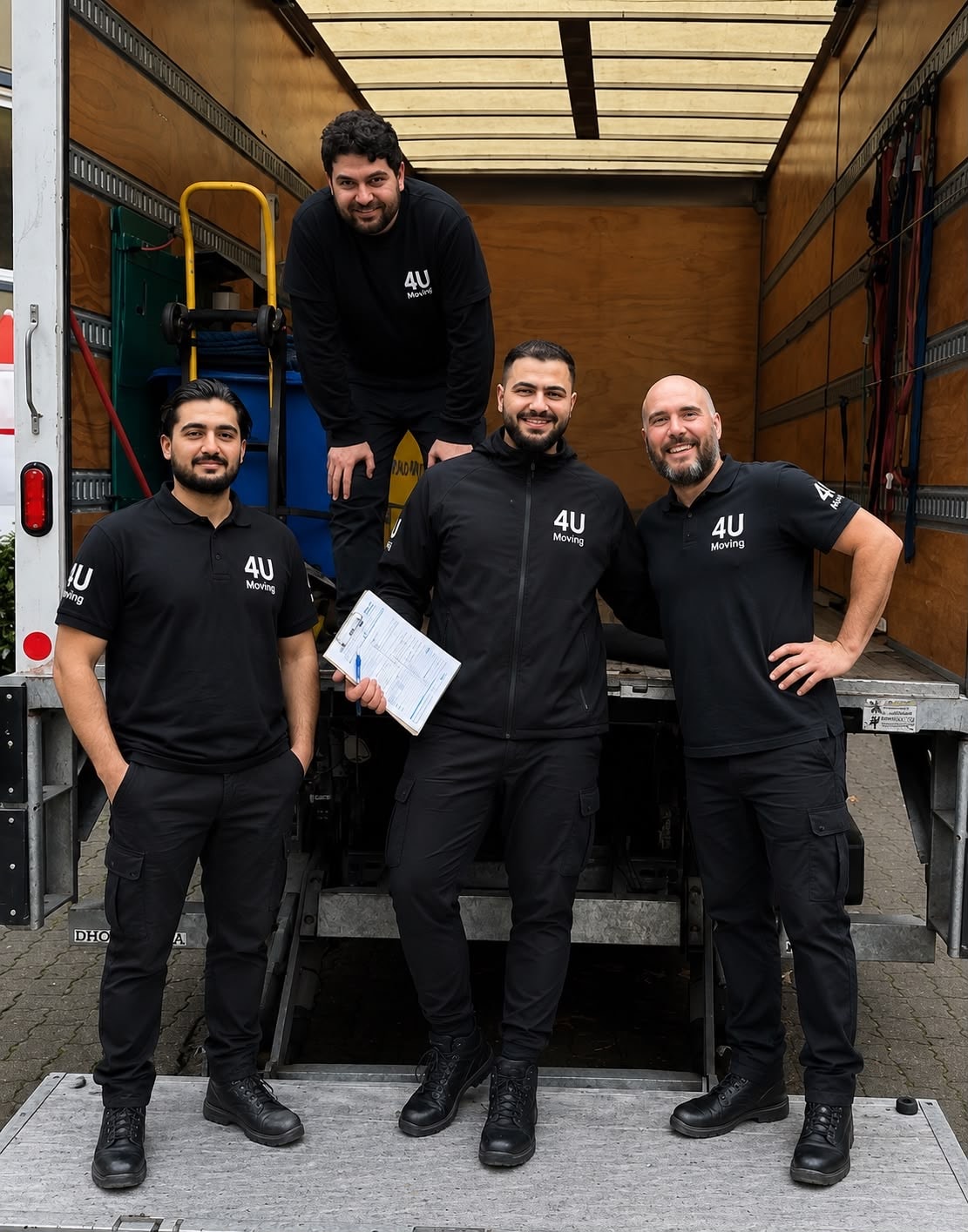4 You Moving crew of four smiling at the back of their moving truck, ready for a Metro Vancouver move