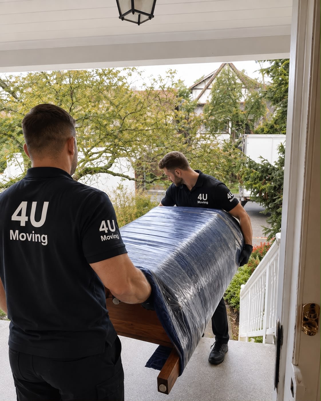 4 You Moving team carefully wrapping furniture with moving blankets inside a Vancouver home