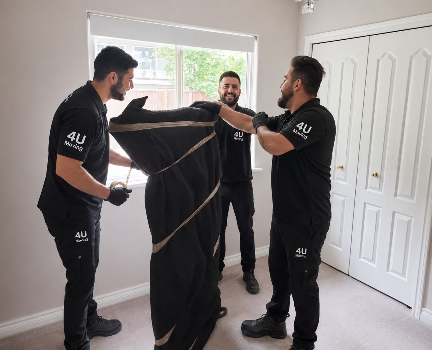 Movers wrapping furniture with protective blankets