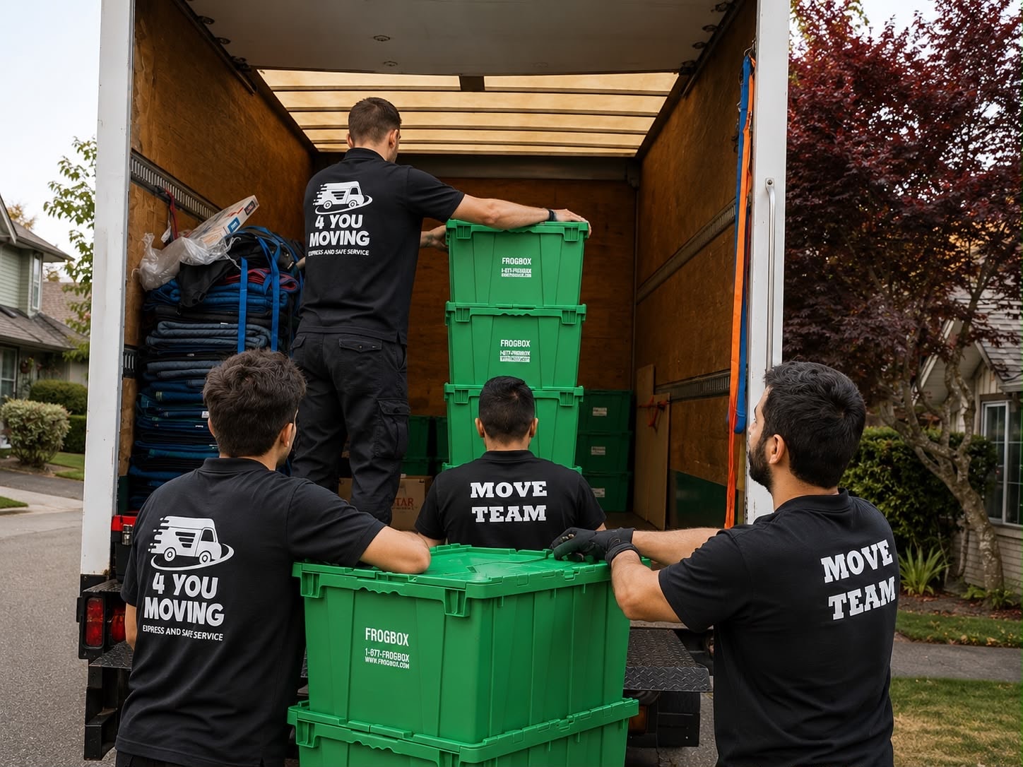 4 You Moving team loading green Frogbox storage containers into moving truck in Vancouver